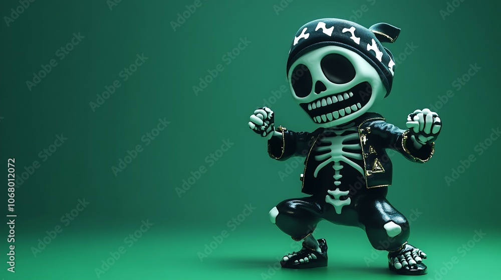 A cartoon skeleton in a black leather jacket and bandana poses in a fighting stance on a green background. A cartoon skeleton in a black leather jacket and bandana poses in a fighting stance on a green background.