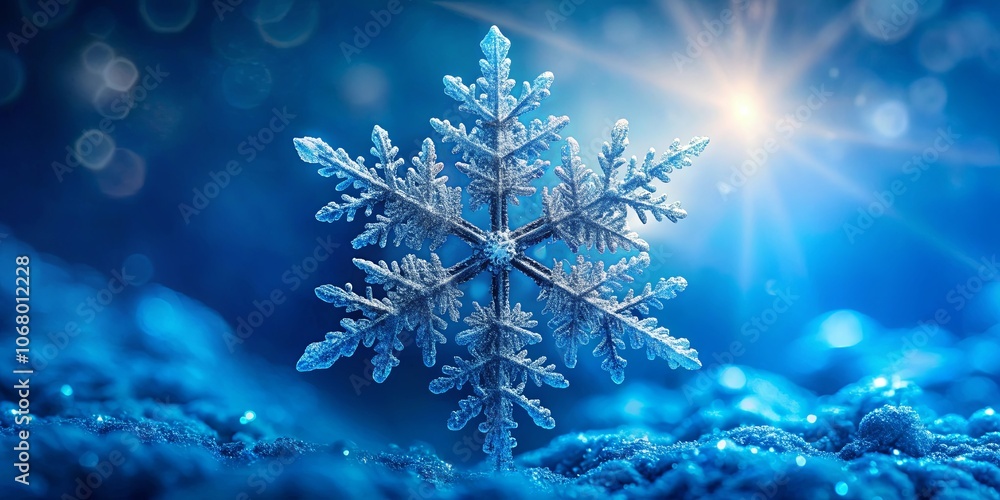 A Single Snowflake Gleams in the Midst of a Blue Wintery Landscape, Glimmering under the Warm Radiance of the Sun. A Single Snowflake Gleams in the Midst of a Blue Wintery Landscape, Glimmering under the Warm Radiance of the Sun.