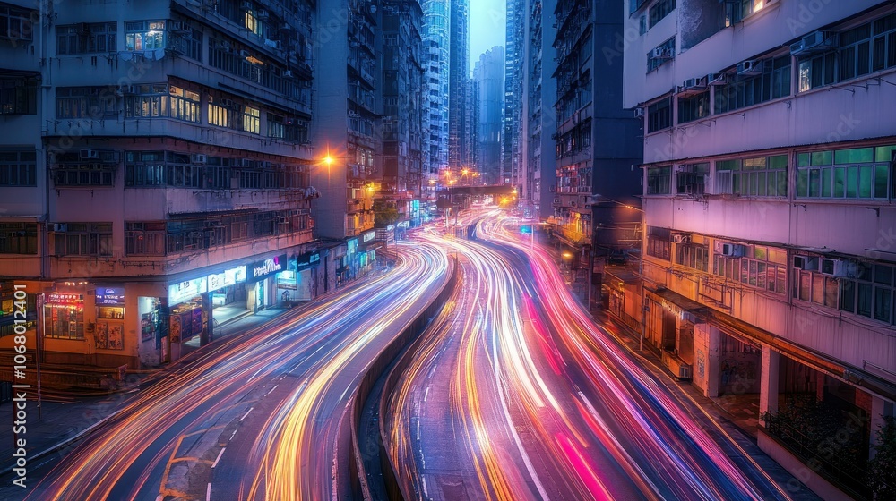 Urban Nightscape with Colorful Light Trails Urban Nightscape with Colorful Light Trails