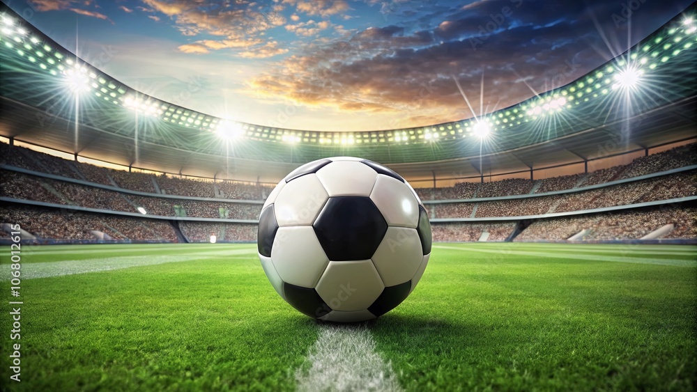 Fototapeta premium A single soccer ball rests on the green turf of an empty stadium awaiting the thrill of competition.