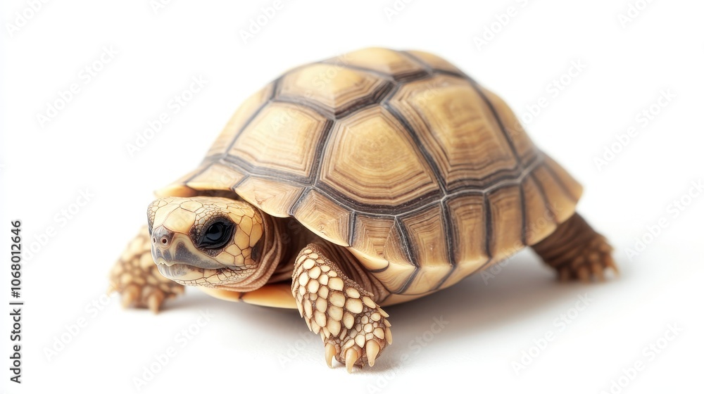 Obraz premium A tiny tortoise slowly making its way forward, isolated on a white background