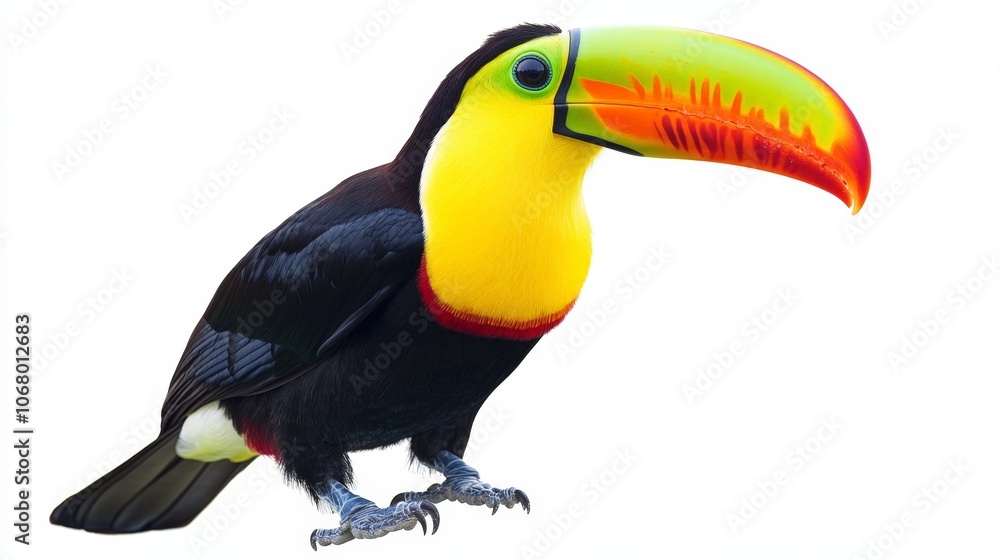 A toucan perched with its large colorful beak, isolated on a white background A toucan perched with its large colorful beak, isolated on a white background
