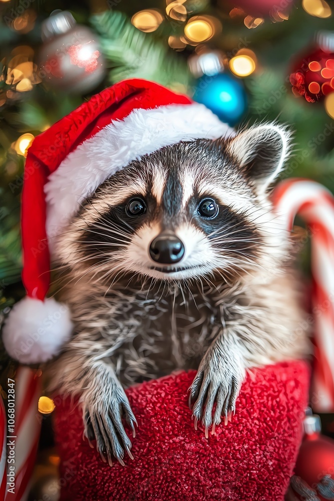 Curious raccoon in santa hat, peeking from christmas stocking, candy canes, holiday ornaments scattered around Curious raccoon in santa hat, peeking from christmas stocking, candy canes, holiday ornaments scattered around