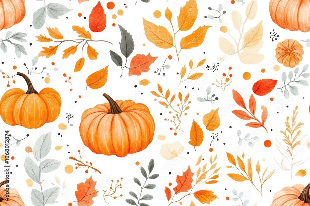 Watercolor seamless pattern with pumpkins, leaves, branches, and berries in autumn colors. Watercolor seamless pattern with pumpkins, leaves, branches, and berries in autumn colors.