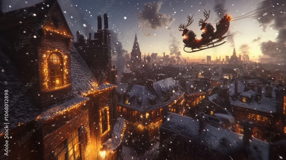 Magical snowy scene with Santa's sleigh taking off from a rooftop, reindeer in mid-flight under a starry sky Magical snowy scene with Santa's sleigh taking off from a rooftop, reindeer in mid-flight under a starry sky