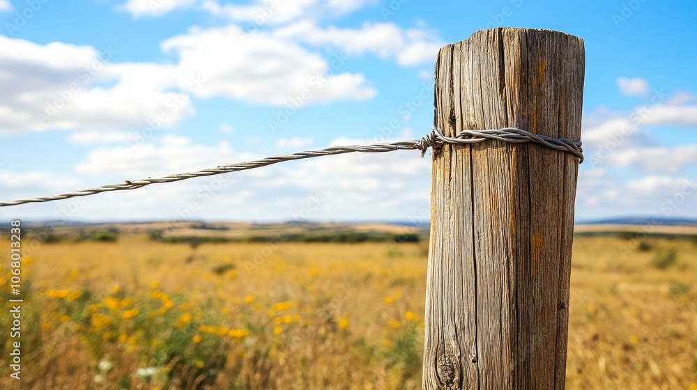 A wooden fence post with barbed wire against a backdrop of a sunny, grassy field and blue sky. A wooden fence post with barbed wire against a backdrop of a sunny, grassy field and blue sky.