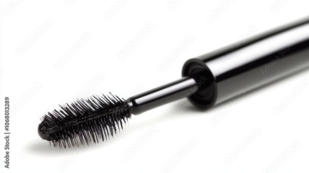 A tube of volumizing mascara with the wand extended, isolated on a white background A tube of volumizing mascara with the wand extended, isolated on a white background