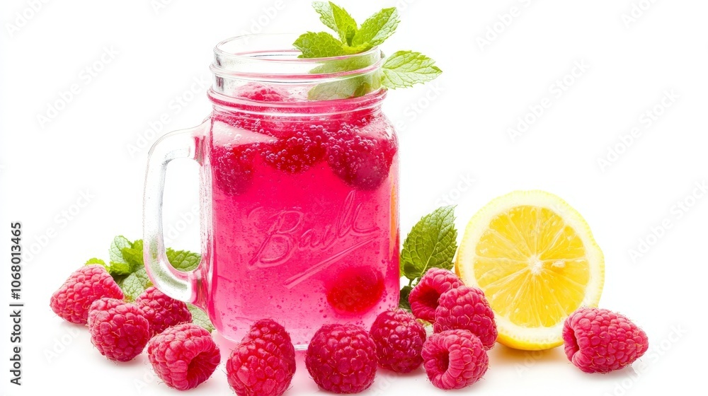 A vibrant pink lemonade with fresh raspberries and mint leaves, served in a mason jar, isolated on a white background A vibrant pink lemonade with fresh raspberries and mint leaves, served in a mason jar, isolated on a white background