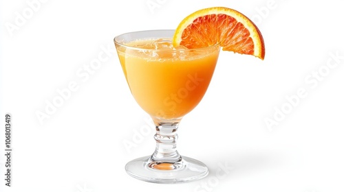 A vibrant orange juice freshly squeezed, served in a clear glass with orange slices on the rim, isolated on a white background