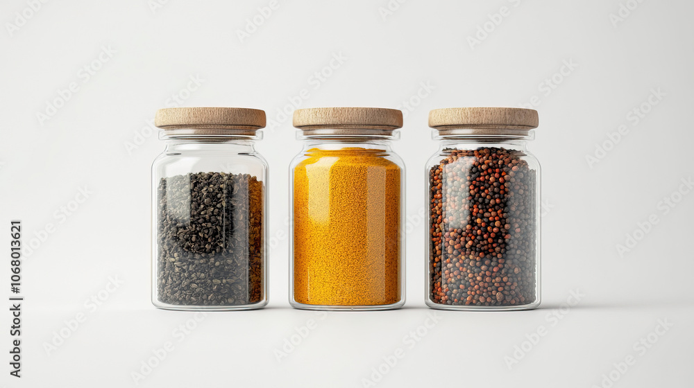 glass jars on white shelf filled by various spices glass jars on white shelf filled by various spices