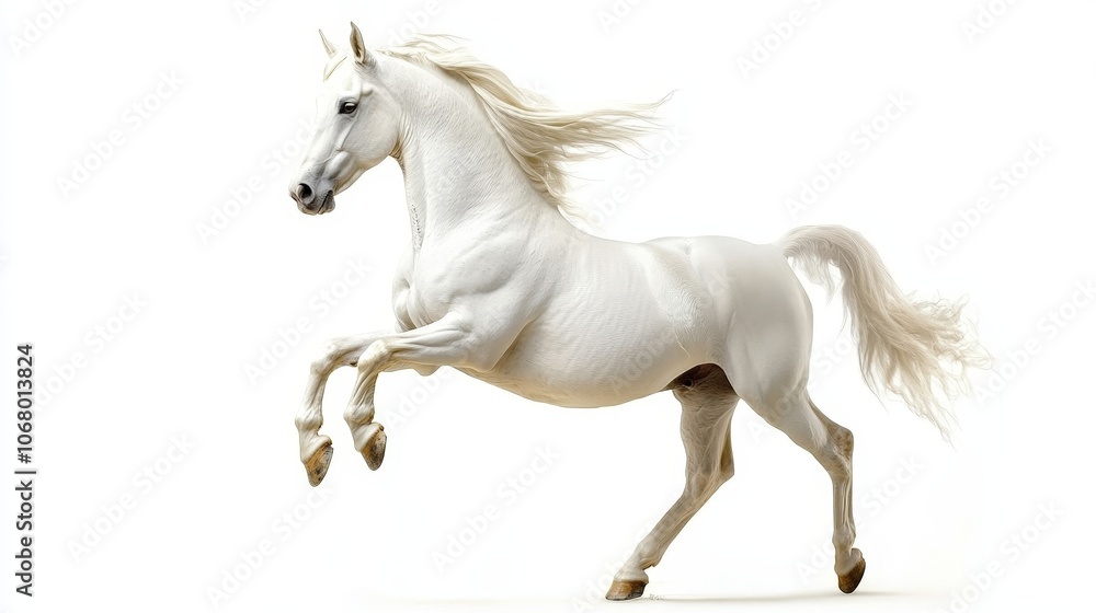 A white stallion rearing up on its hind legs, isolated on a white background A white stallion rearing up on its hind legs, isolated on a white background
