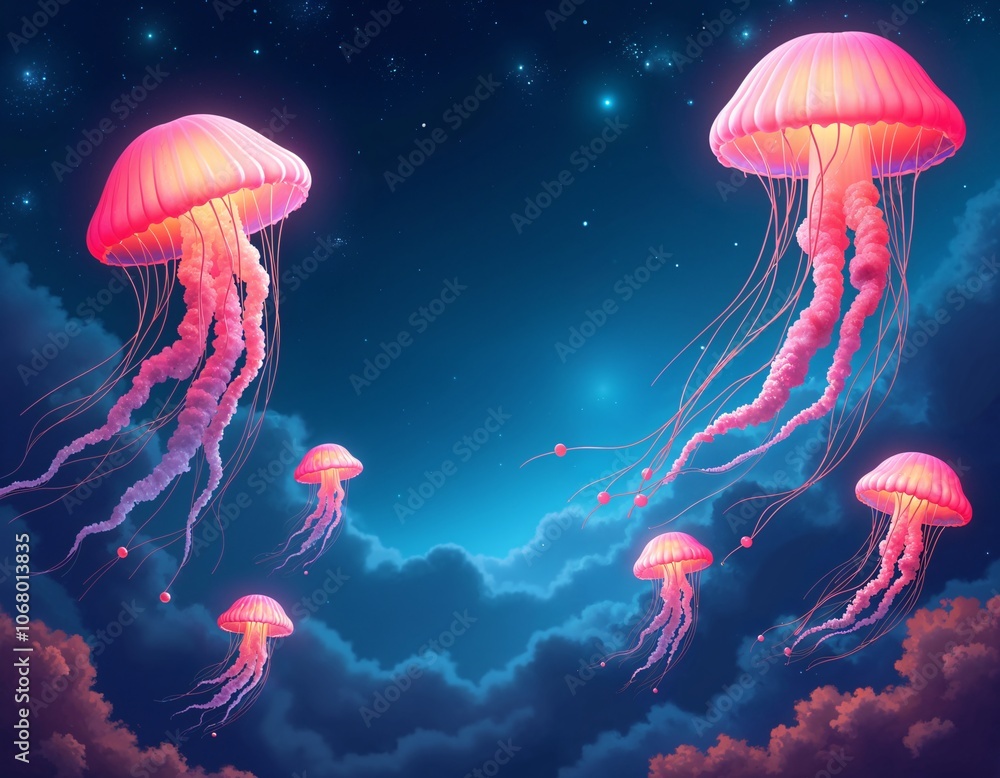 Fototapeta premium Creatures Floating in Space, Mysterious Life Forms Drifting Among Stars and Galaxies
