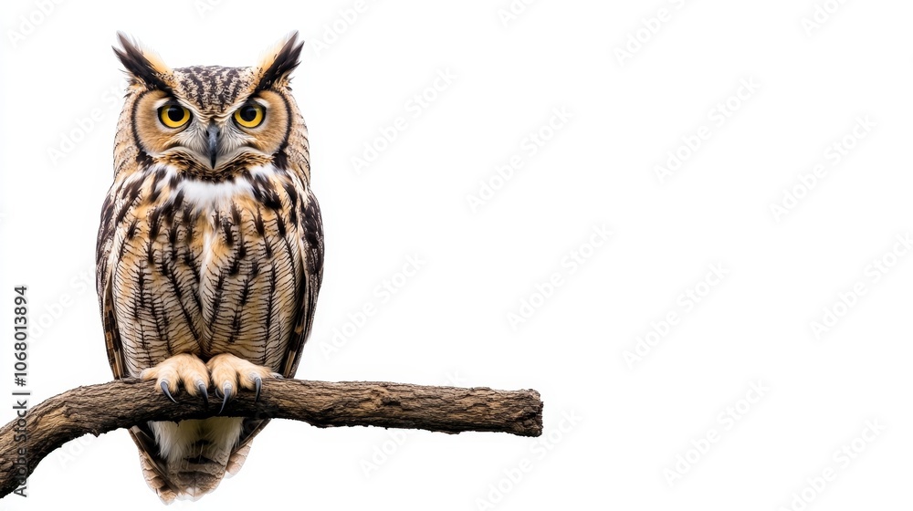 Naklejka premium A wise owl perched on a branch, staring intently with large eyes, isolated on a white background