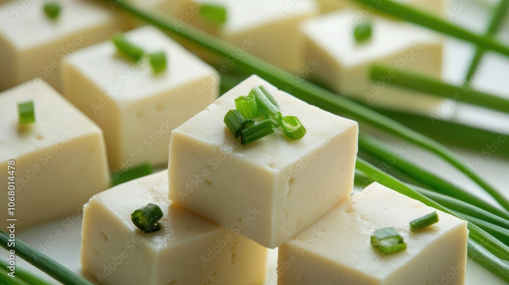 Fresh Tofu Cubes with Chives on White Plate Fresh Tofu Cubes with Chives on White Plate