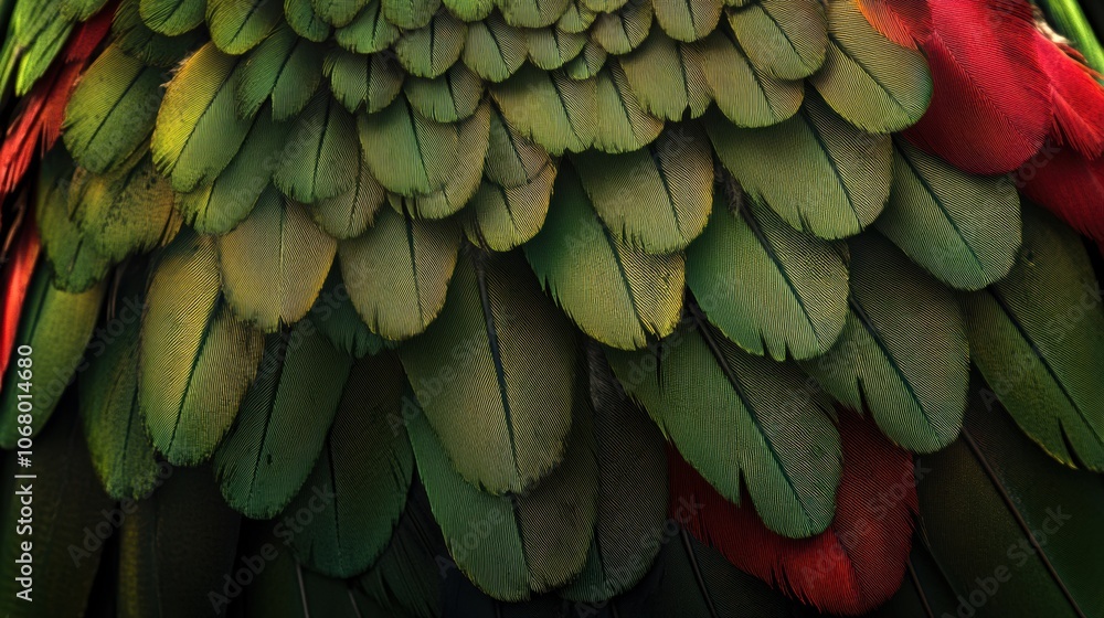 Fototapeta premium Vibrant parrot feather texture showcasing rich green and red hues, intricate patterns, nature's vivid artistry, tropical essence