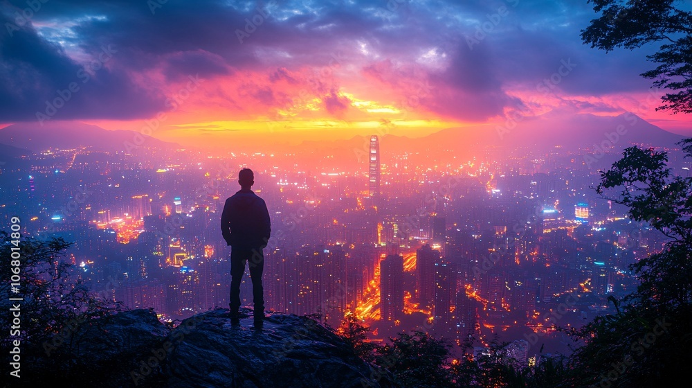 Fototapeta premium Silhouetted Man at Mountaintop During Early Morning