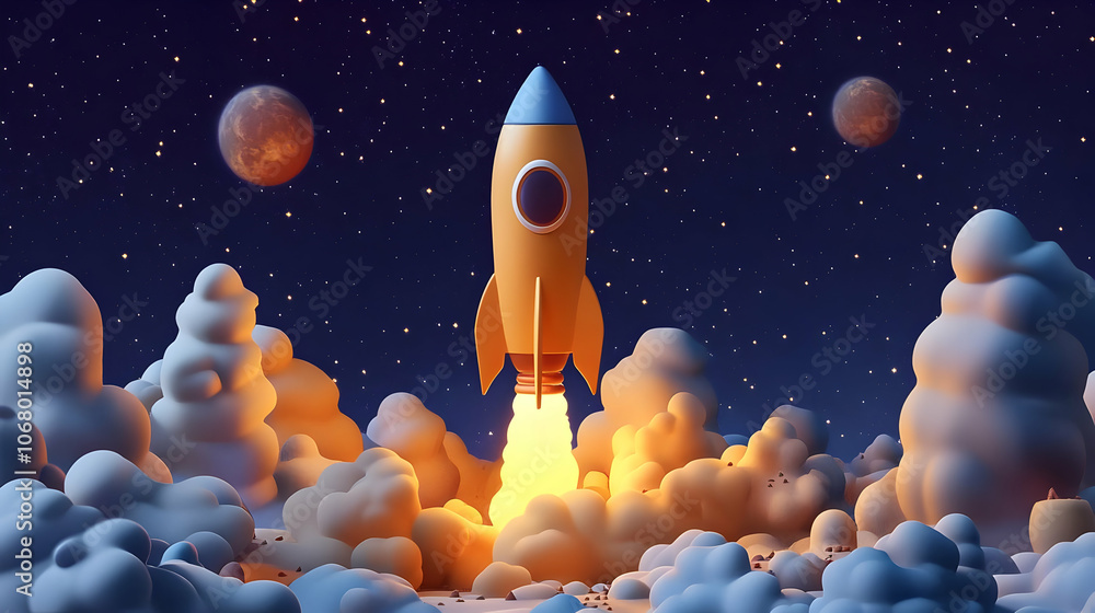 3D Illustration of Rocket Launch in Space 3D Illustration of Rocket Launch in Space