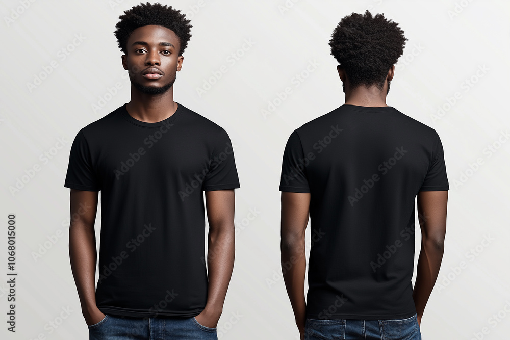 Black blank t-shirt mockup, front and back of the shirt with no text or graphics on it, male model facing forward.
Black blank t-shirt mockup, front and back of the shirt with no text or graphics on it, male model facing forward.