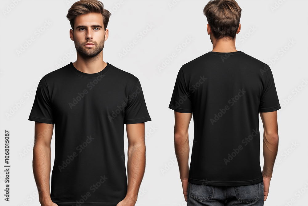 Black blank t-shirt mockup, front and back of the shirt with no text or graphics on it, male model facing forward.
Black blank t-shirt mockup, front and back of the shirt with no text or graphics on it, male model facing forward.
