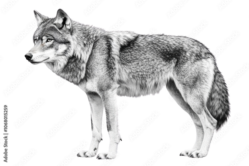 Fototapeta premium A Grey Wolf Stands on a Black Background, Its Fur Looks Transparent
