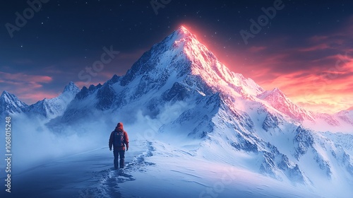 Man Gazing at Majestic Mountain Peak Under Dim Sky