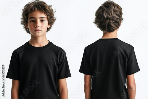 Black blank t-shirt mockup, front and back of the shirt with no text or graphics on it, male model facing forward.