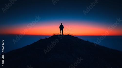 Man on Peak Under Dark Sky at Early Morning