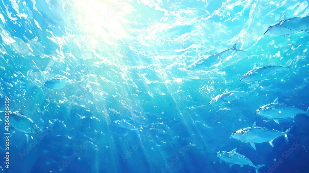 Underwater Scene with Fish and Sunlight Rays Underwater Scene with Fish and Sunlight Rays