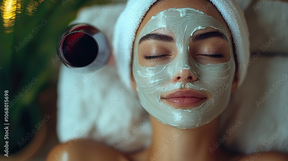 A young woman relaxing with a facial mask and red wine, promoting skincare and self-care at home or the spa. A young woman relaxing with a facial mask and red wine, promoting skincare and self-care at home or the spa.