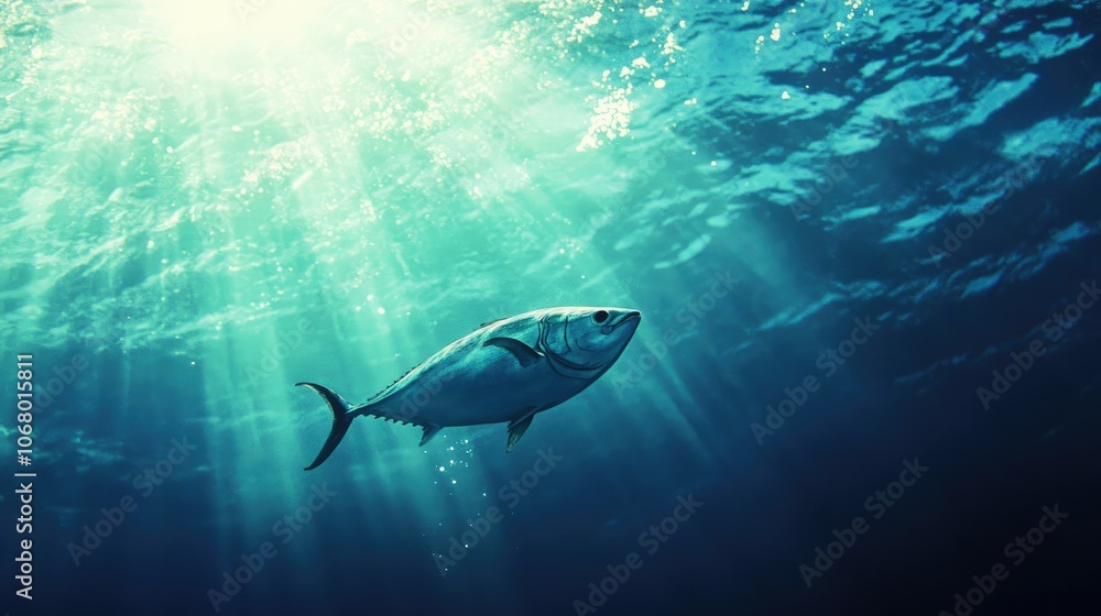 Naklejka premium Underwater Scene with Swimming Fish in Blue Waters