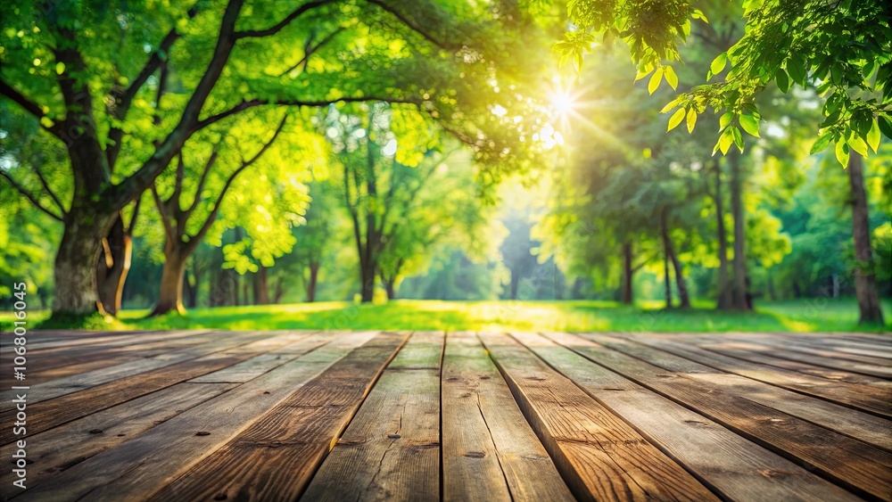 A wooden plank platform overlooking a lush green forest bathed in the golden glow of the sun. A wooden plank platform overlooking a lush green forest bathed in the golden glow of the sun.