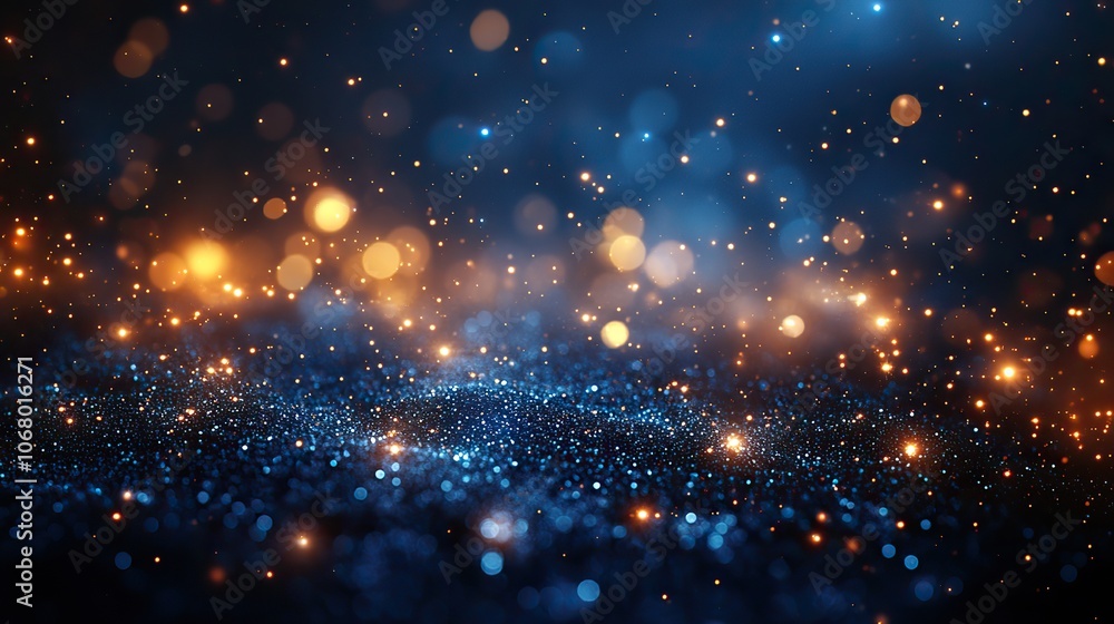Abstract dark navy blue glitter lights create a festive bokeh effect, set against a starry sky, making it a perfect backdrop for winter events, Christmas holidays, or evening celebrations. Abstract dark navy blue glitter lights create a festive bokeh effect, set against a starry sky, making it a perfect backdrop for winter events, Christmas holidays, or evening celebrations.