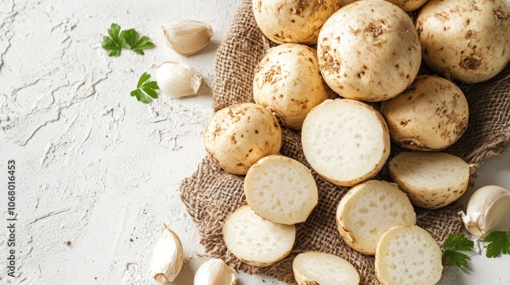Fresh Whole and Sliced Turnips and Garlic on Burlap Fresh Whole and Sliced Turnips and Garlic on Burlap