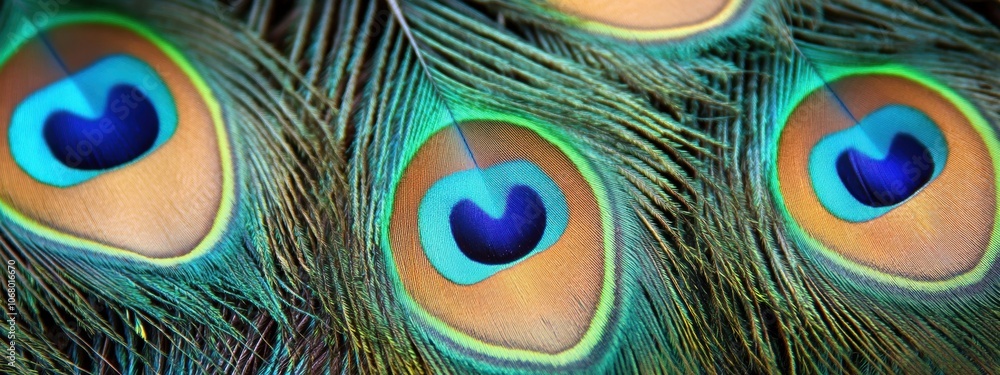 Obraz premium Vibrant Peacock Feather Texture, Rich blue and green eyespots create a striking visual display, evoking nature's beauty and elegance.