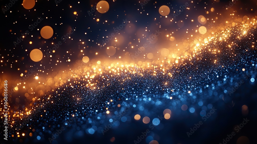 Abstract golden and blue glitter lights blurred together, creating a magical and festive atmosphere for holiday celebrations, party invitations, or birthdays. Abstract golden and blue glitter lights blurred together, creating a magical and festive atmosphere for holiday celebrations, party invitations, or birthdays.