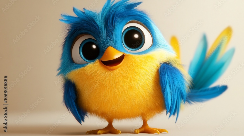 A cute cartoon bird with large eyes and a yellow body and blue feathers. A cute cartoon bird with large eyes and a yellow body and blue feathers.