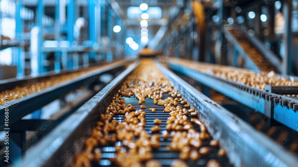 Raw Materials Flowing on Conveyor Belts Inside a Busy Processing Facility Creating Movement Raw Materials Flowing on Conveyor Belts Inside a Busy Processing Facility Creating Movement