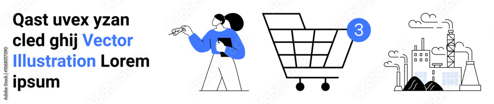 Woman with clipboard, large shopping cart with notification badge, industrial buildings with chimneys. Ideal for business, commerce, industry, technology, innovation, e-commerce, management. Landing Woman with clipboard, large shopping cart with notification badge, industrial buildings with chimneys. Ideal for business, commerce, industry, technology, innovation, e-commerce, management. Landing