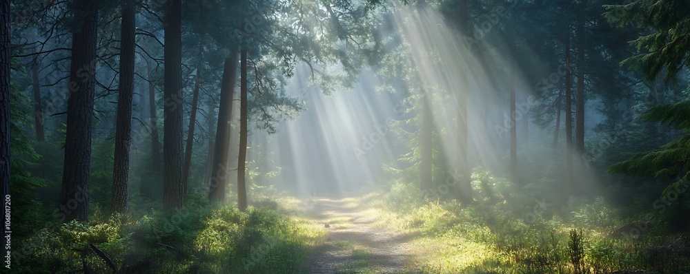 A misty forest path with sunlight streaming through the tall trees A misty forest path with sunlight streaming through the tall trees