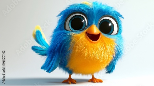 A cute blue and yellow cartoon bird with big eyes and a happy expression.