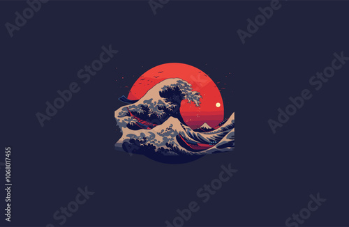 Sea wave japan style logo design vector vintage