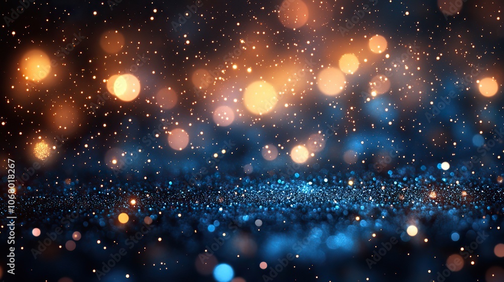 An abstract dark navy blue background with glittering lights and blurred bokeh, perfect for Christmas cards or winter event invitations. An abstract dark navy blue background with glittering lights and blurred bokeh, perfect for Christmas cards or winter event invitations.