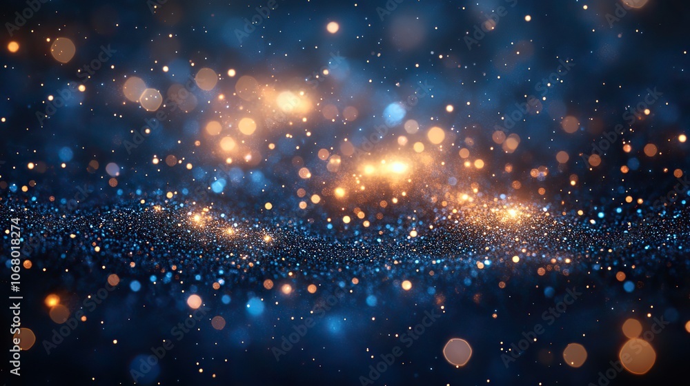 An abstract dark navy blue background with glittering lights and blurred bokeh, perfect for Christmas cards or winter event invitations. An abstract dark navy blue background with glittering lights and blurred bokeh, perfect for Christmas cards or winter event invitations.