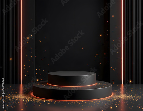 A black circular podium or stage with glowing red lights around the base, set against a dark background with scattered glowing particles or stars