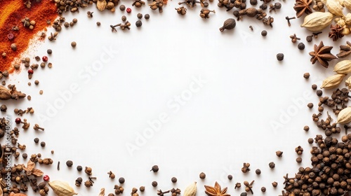 A frame of exotic spices, including vibrant paprika, cloves, and coriander seeds, forming a bold border around a clean white background, with each spice adding its unique color and texture.