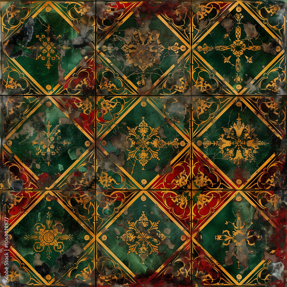 This design presents a rich interplay of green and gold with refined floral motifs, reminiscent of medieval tapestry. This design presents a rich interplay of green and gold with refined floral motifs, reminiscent of medieval tapestry.