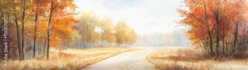Experience the serenity of an outdoor adventure along a colorful fall road in watercolor style