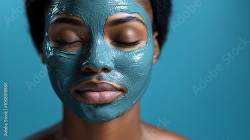 An African American man with a mud mask or cream on a blue background symbolizes natural beauty treatments, perfect for wellness and skincare banners.