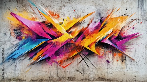 A graffiti street art piece with explosive colors and sharp aerosol outlines, blending abstract shapes and vibrant tones on a rough concrete wall, capturing the energy of urban street culture. photo