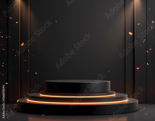 A black circular podium or stage with glowing orange lines and sparkling particles against a dark background, creating a dramatic and futuristic atmosphere